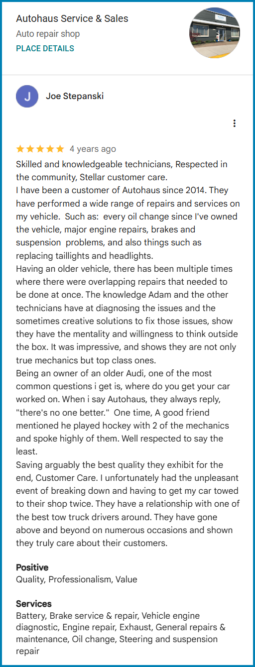 Review of Autohaus Service & Sales By Joe Stepanski